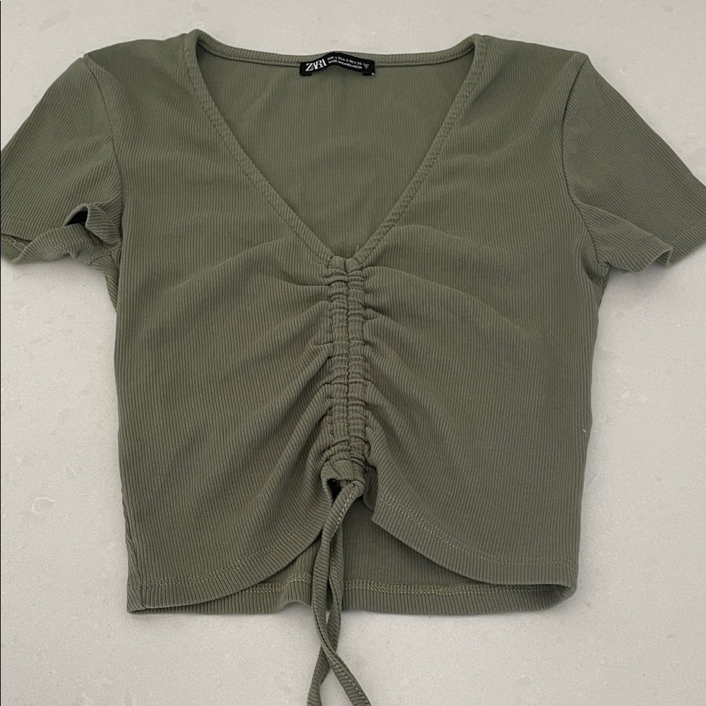 Zara Sage Green Gathered V-Neck Blouse